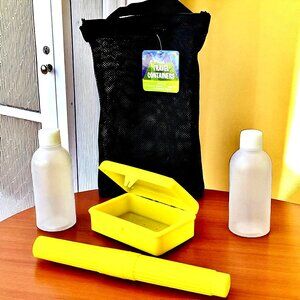 4 Piece Travel Bottles + Soap + Toothbrush Toiletry Container Set Net Bag NEW